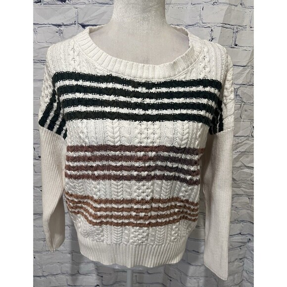 BCBGMAXAZRIA Women's Colorblock Stripe Crew Neck Sweater Off White Size Small - Picture 2 of 7